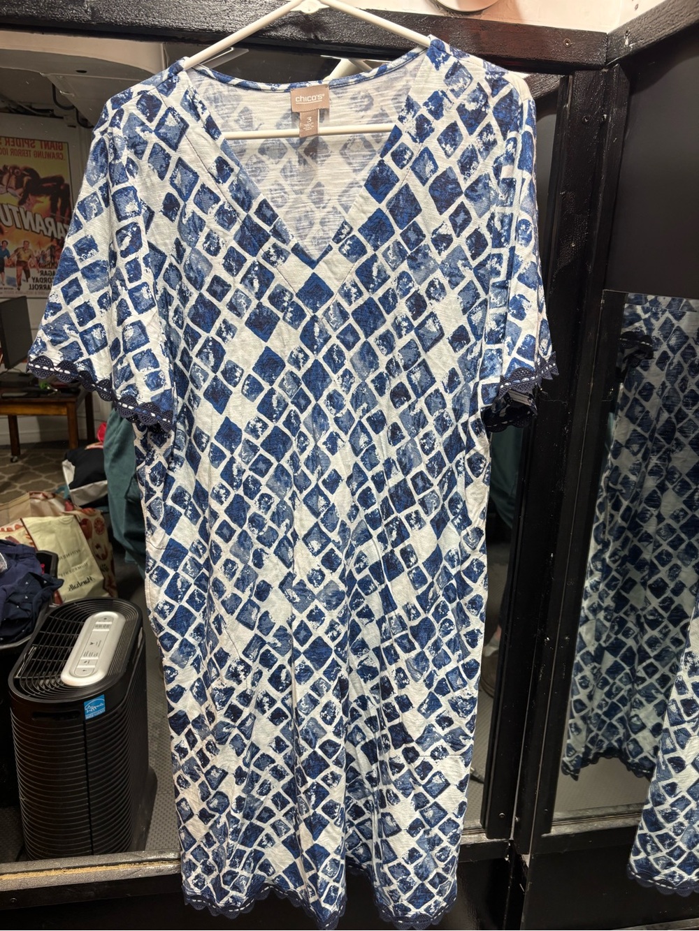 Chico's Blue and White Geometric V-Neck Midi Dress